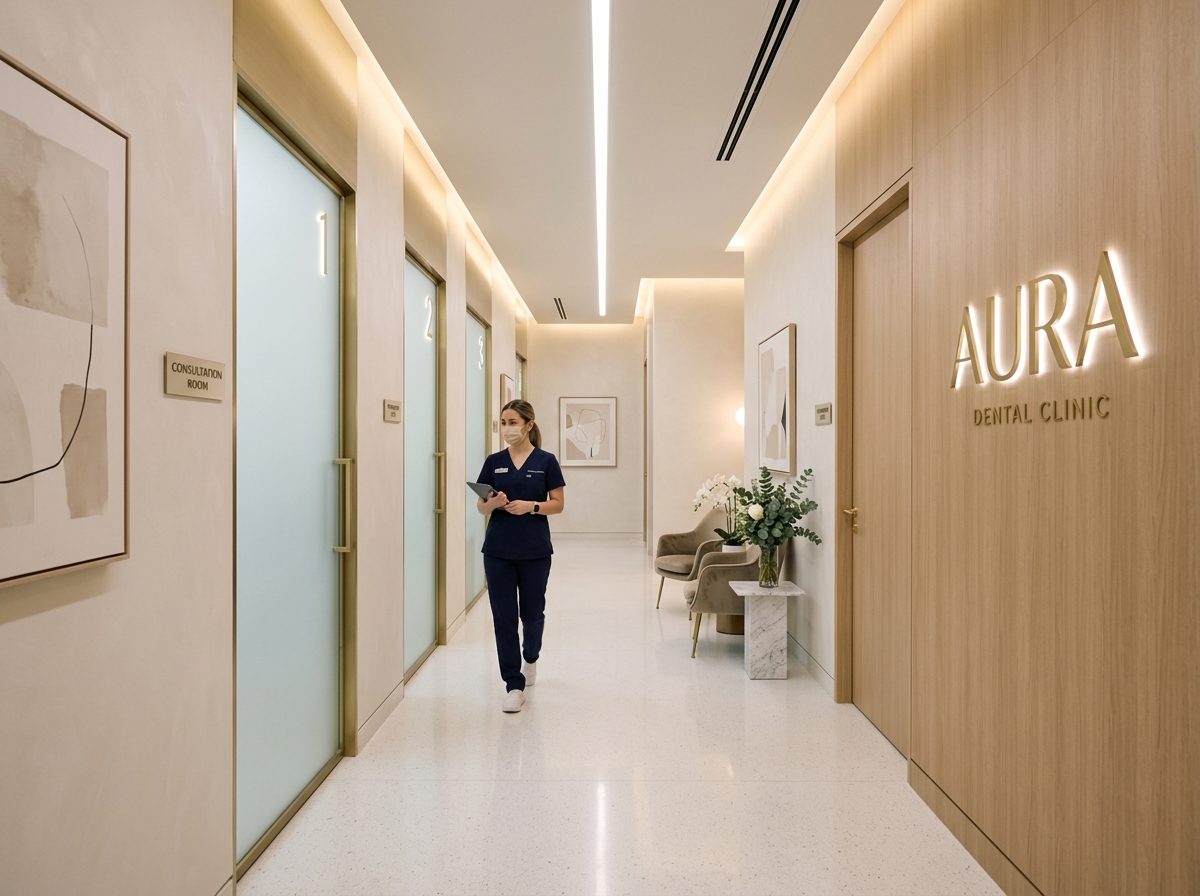 Holurile clinicii Galadent, iluminate cald, cu un design minimalist care elimină starea de anxietate