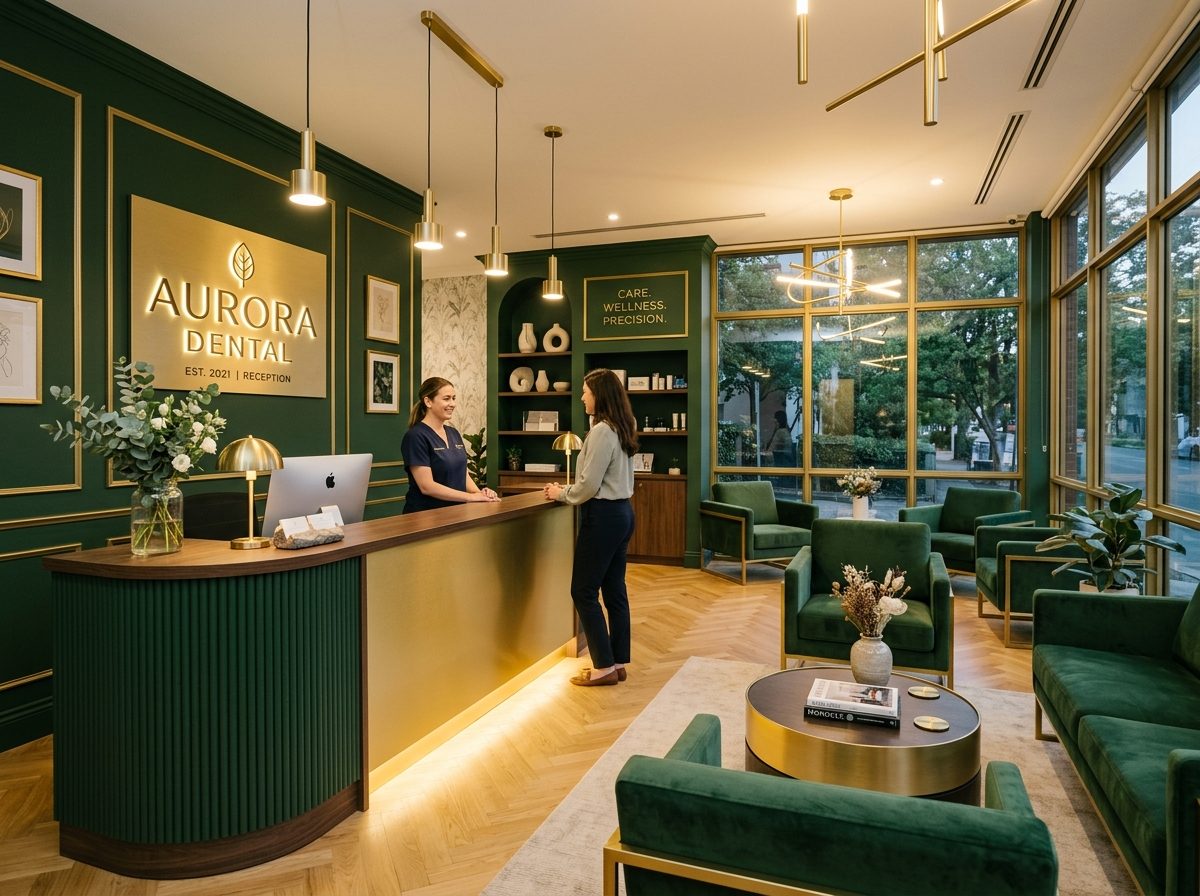 Recepția modernă și elegantă a clinicii Galadent, cu accente aurii și design relaxant